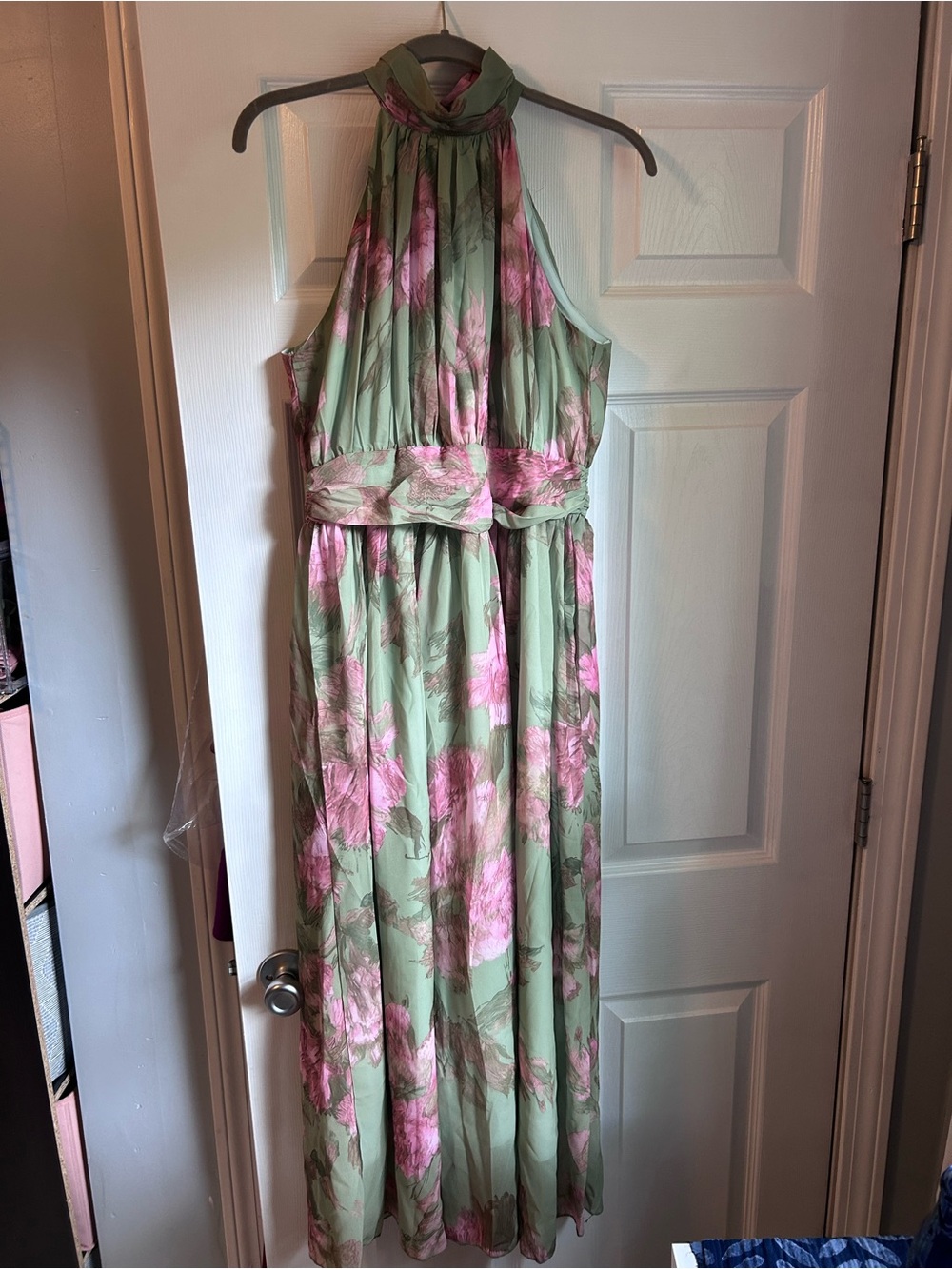 Green Floral Halter Maxi Dress with Pink Blooms